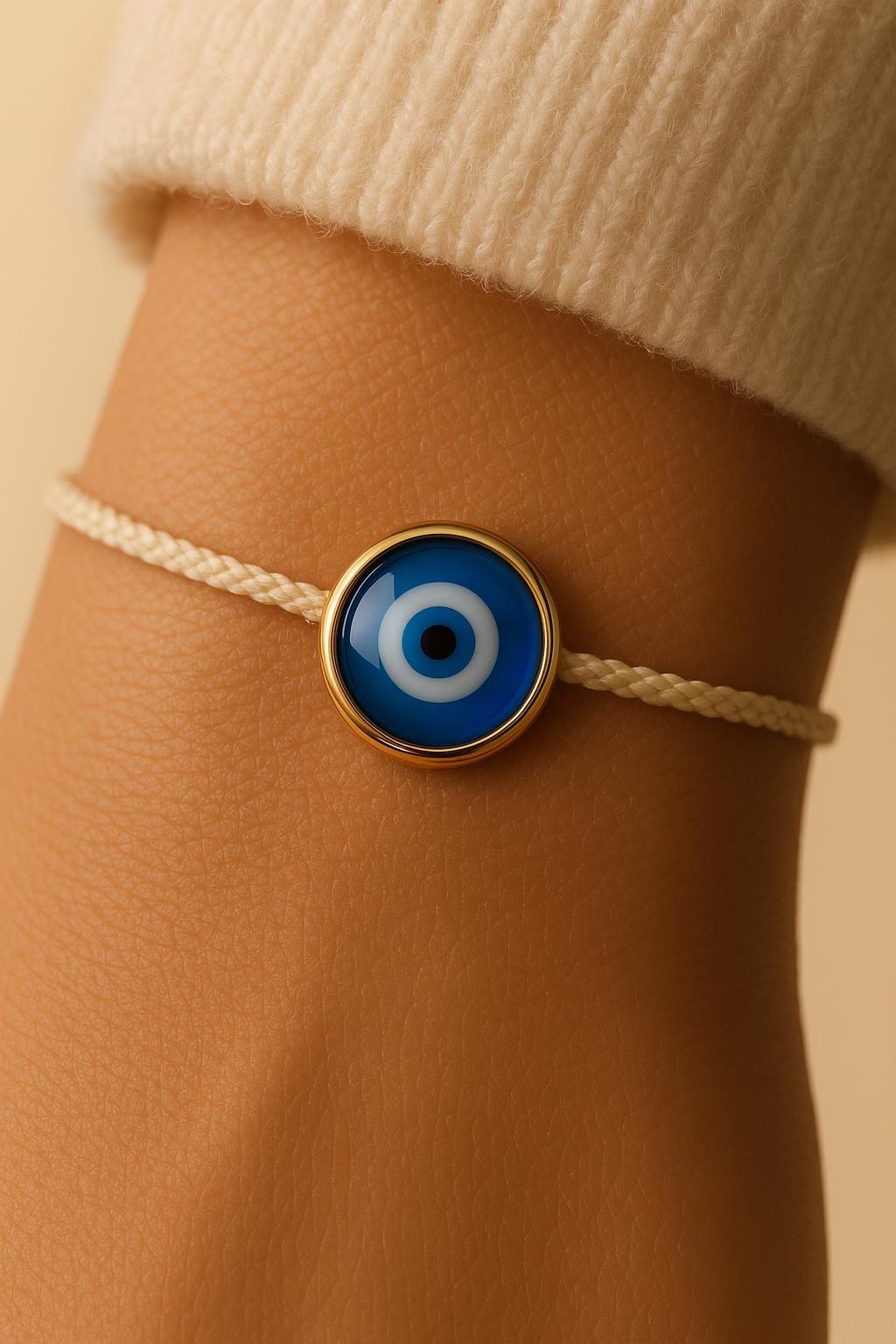 FOUTNI Cream Edition braided cord bracelet with a gold-rimmed evil eye charm on a wrist