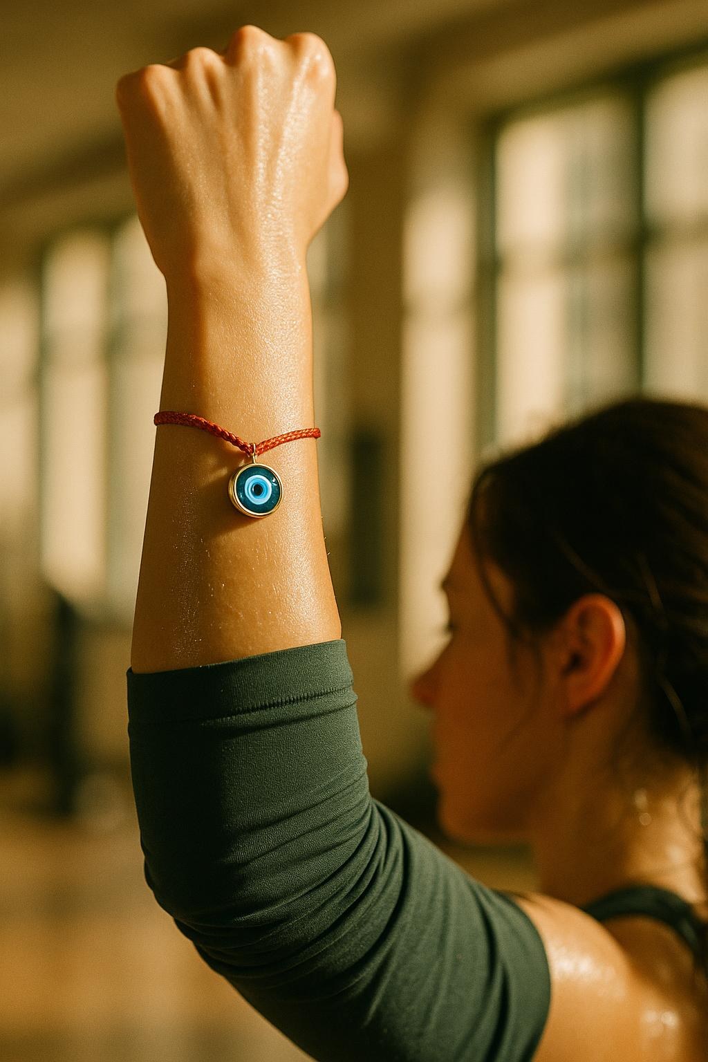 Athlete in a pearl-grey hijab resting her hand on a dumbbell rack, wearing the FOUTNI Red Edition braided cord bracelet with a gold evil eye charm