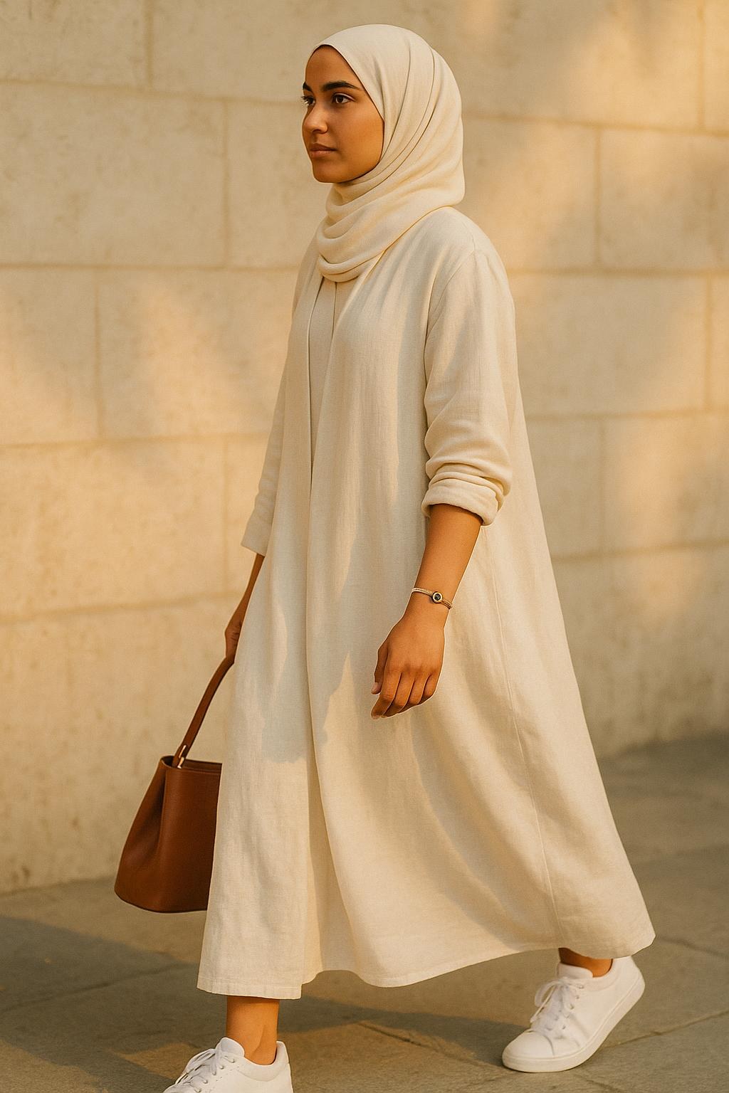 Woman in a cream abaya and headscarf with white sneakers, wearing the FOUTNI Cream Edition braided cord bracelet with a gold evil eye charm