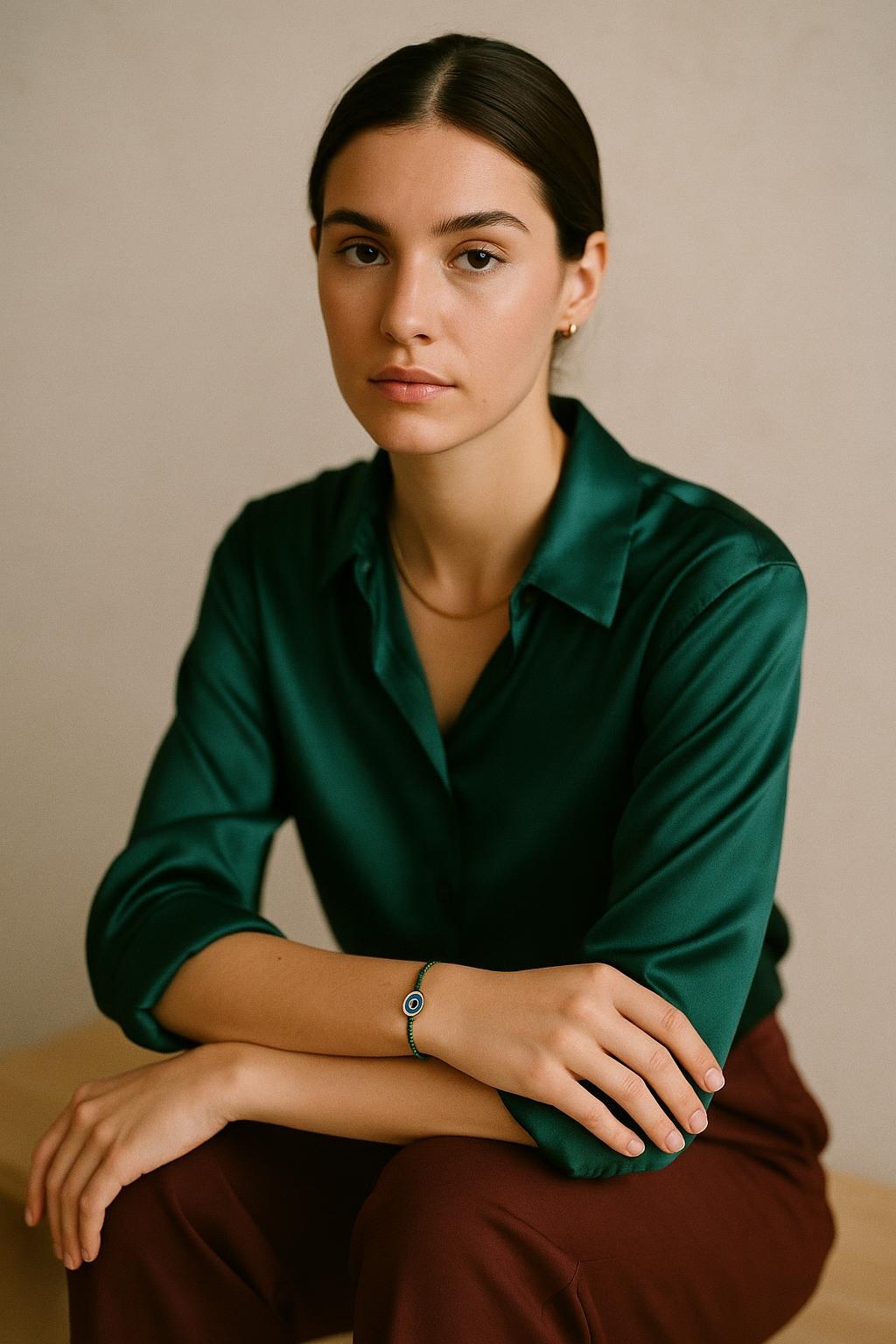 Woman in an emerald silk shirt on a pale wood bench wearing the FOUTNI Green Edition braided cord bracelet with a gold evil eye charm