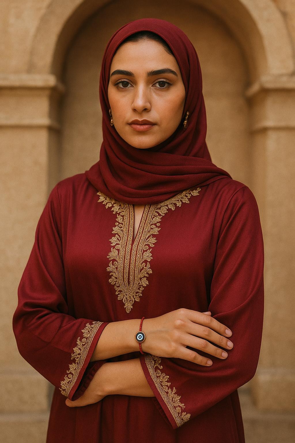 Woman in a crimson silk kaftan and matching hijab wearing the FOUTNI Red Edition braided cord bracelet with a gold evil eye charm