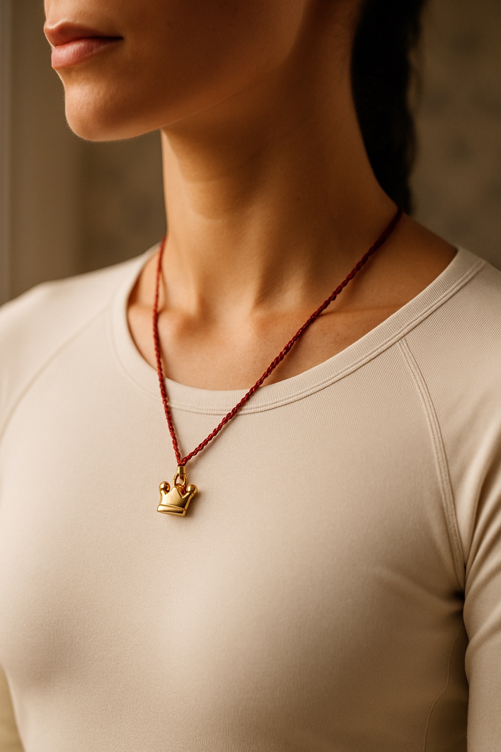FOUTNI necklace: a braided crimson cord with a gold evil eye pendant worn over a cream athletic top